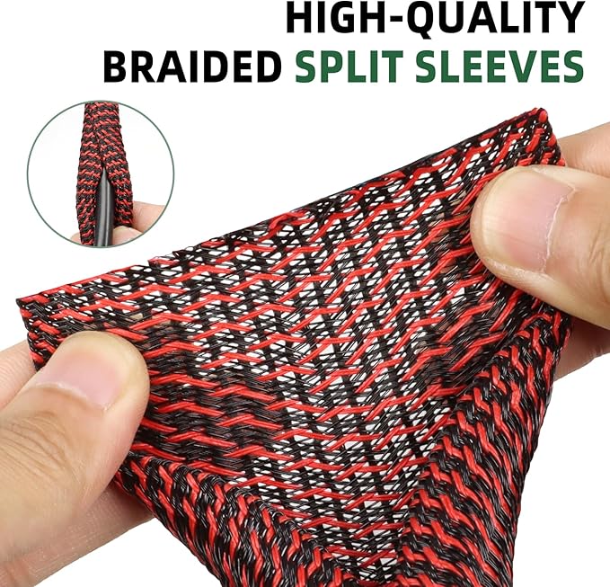 Split Wire Loom Tubing, Cable Protector Sleeve, Braided Cable Management for TV/Computer/Home Theater/Engine Bay, Cord Protectors from Pets No Chew (Red and Black, 3/4"-25ft)