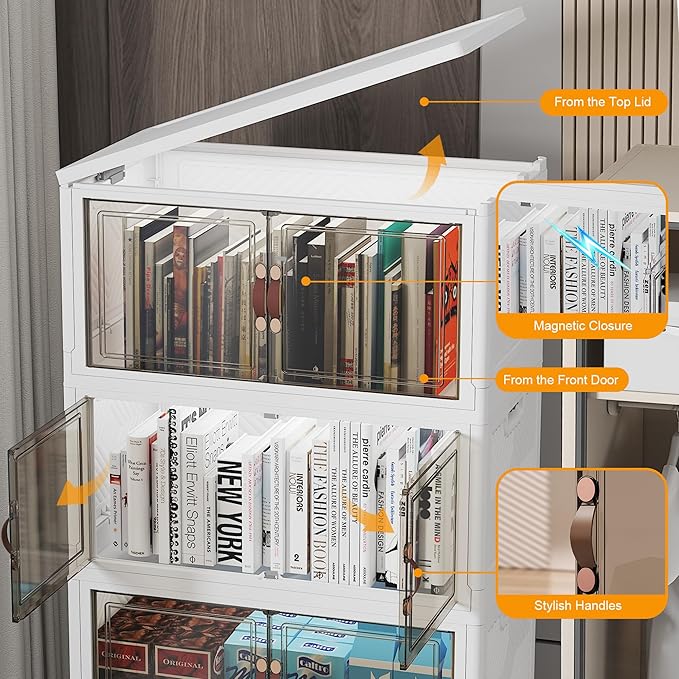 220Qt Stackable Storage Bins with Lids, 4 Pack Collapsible Storage Bins with Wheels, Plastic Cabinet with Doors, Foldable Closet Organizers for Home, Dorm, Office, White