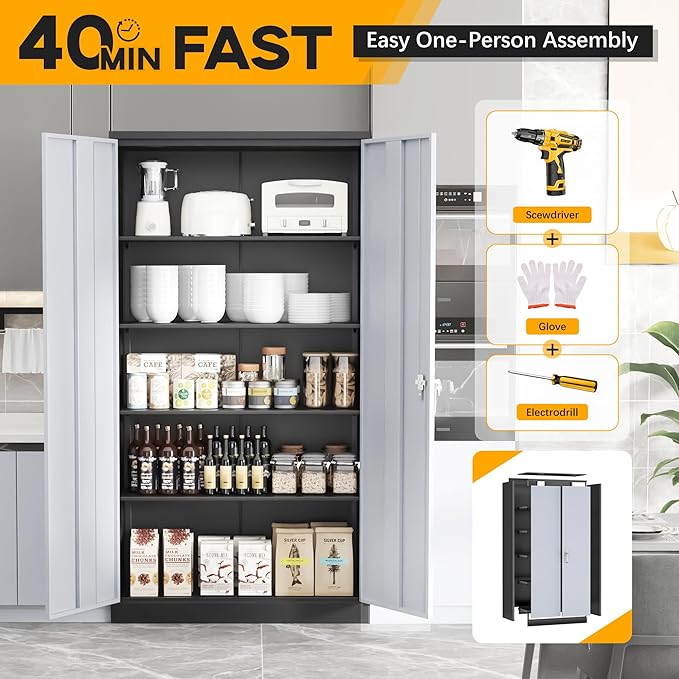 Greenvelly Metal Garage Storage Cabinet with 2 Doors and 4 Adjustable Shelves, 72”H Steel Lockable Storage Cabinet,Tall Metal Cabinet Locking File Cabinet for Office,Home, Garage, Gym, School