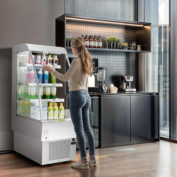 WILPREP Commercial Display Refrigerator, 24" Open Air Merchandiser with 8.1 cu. ft. Volume LED Lighting Night Curtain, Grab and Go Display Refrigerator Showcase for Store Cafe Bar Shop