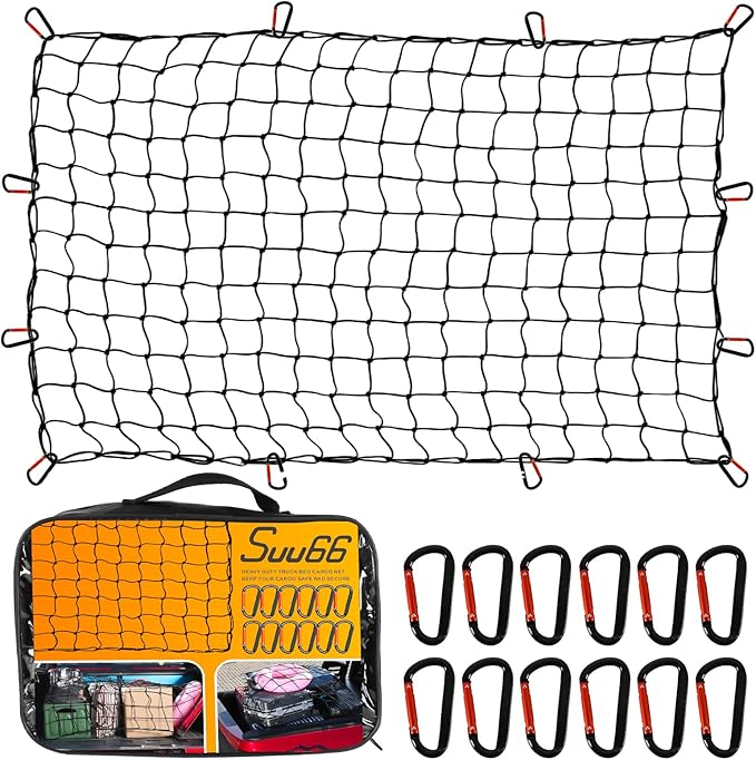Heavy Duty Cargo Net for Pickup Truck Bed - 4' x 6' Stretches to 12' x 18' - Sturdy Latex Bungee Net Mesh - with 12 Metal Carabiners - Truck Bed Accessories for Dodge RAM, Ford, Chevy, Toyota