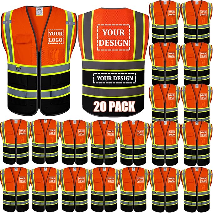 BeautyWill Custom Logo 10/20 Pack Safety Vest Class2 High Visibility Vest with Pockets Breathable Construction Vest Bulk