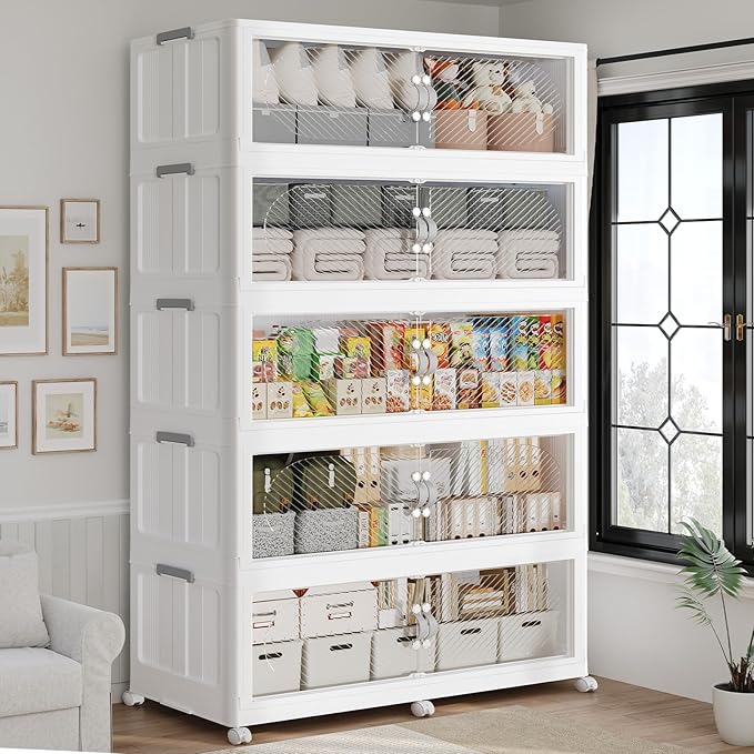 300GAL Plastic Storage Bins with Lid, 1200QT Extra Large Stackable Closet Organizers and Storage, Collapsible Storage Boxes with Wheels, Folding Cabinet for Home Kitchen Office, 5Pack White
