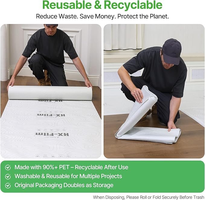 39" x50' Heavy-Duty Floor Protection | Construction Grade Carpet Protector | Drop Cloth Plastic Film for Hardwood Floors | Waterproof Painters Covering with No Residue(Summit White)