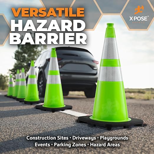 Xpose Safety 28" Lime Traffic Cones 6" & 4" Reflective Collar - Bulk Full Pallet 297 Pack - Premium PVC Safety Cone for Parking, Caution, Construction, Road Crews, Emergency Vehicle - DOT Approved