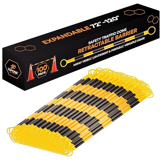 Retractable Barrier for Safety Traffic Cones - 2" OD - Large Yellow and Black Bar Barricade - for Road Construction, Parking, Warning, Temporary Security Divider (100, Yellow & Black, 72" x 120")
