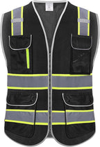 High Visibility Safety Vest - Reflective Breathable Mesh with 9 Pockets, Front Zipper for Men & Women - Meets ANSI/ISEA Standards