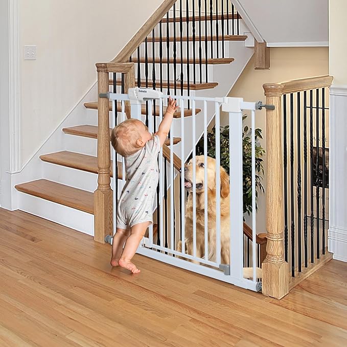 BABELIO Safety Gate Door Fits for Stairs, Narrow and Wide Doorways with Auto Close, Easy Install, No Drilling, Pressure Mounted for Baby, Child, Pets, Dog/Puppy, 26''-40'', White