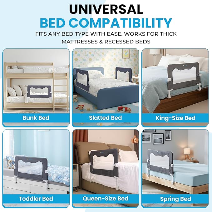 TotCraft Flexguard Height & Length Adjustable Bed Rail for Toddlers – Fits Twin, Full, Queen & King Beds – 35.5″ or 59″ Two Fixed Lengths – 14 Height Levels – ASTM Certified Kids Safety Guard (Grey)