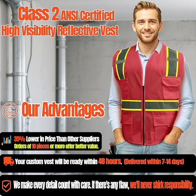 BeautyWill 10/20 Pack Custom Logo Safety Vest,Bulk High Visibility Class 2 Reflective Work Vests