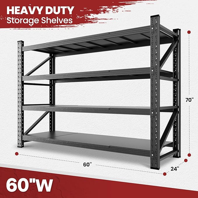 60" Wide Storage Shelves, 5000LBS Garage Shelving Heavy Duty, Standing Shelf Units, 4 Tier Metal Adjustable Storage Shelving Rack for Shop Warehouse Basement, 60'' W x 24''D x 70'' H