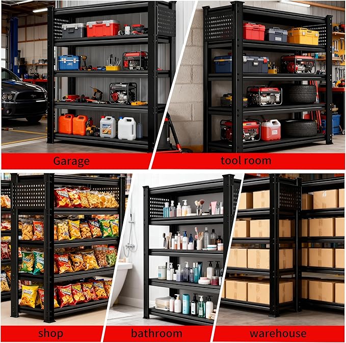 SILVEL 48.2"W Garage Shelving, 5000LBS Heavy Duty Metal Shelving, 2025 Solid Storage Shelves, 2 Side Pegboards, Industrial 5 Tier Shelves for Basement Pantry Warehouse Supermarket, 72.2" x24.2" x48.2"