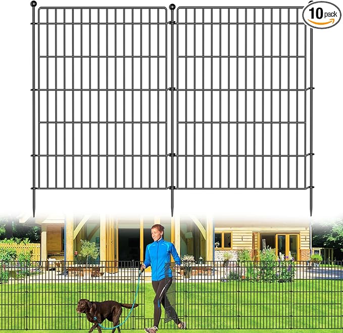 10 Panels No Dig Garden Fence with Gate, 44in(H) × 23.6ft(L) Decorative Metal Outdoor Dog Fence, Rustproof Pet Fencing for Yard, Patio, Flower Bed -Temporary Fencing| Easy to Install