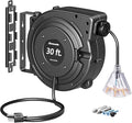 DEWENWILS 30FT Retractable Extension Cord Reel, 16/3C SJTW Heavy Duty Power Cord, Lighted Triple Outlets, 10A Circuit Breaker, Lightweight 180° Swivel Bracket, Ceiling/Wall Mount, ETL Listed, Black