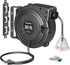 DEWENWILS 30FT Retractable Extension Cord Reel, 16/3C SJTW Heavy Duty Power Cord, Lighted Triple Outlets, 10A Circuit Breaker, Lightweight 180° Swivel Bracket, Ceiling/Wall Mount, ETL Listed, Black