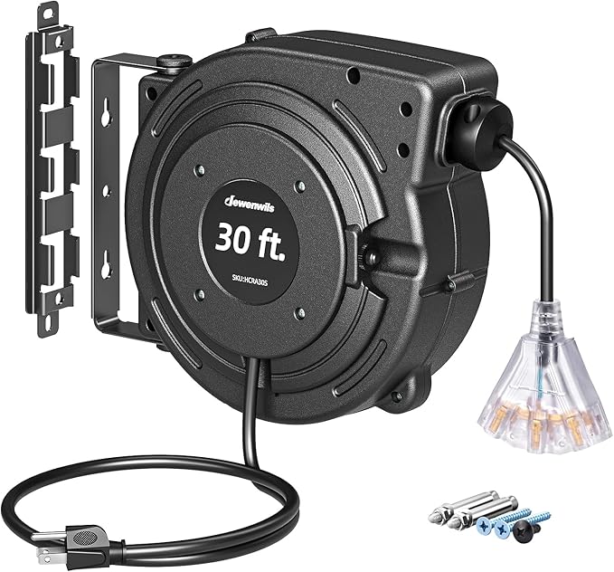 DEWENWILS 30FT Retractable Extension Cord Reel, 16/3C SJTW Heavy Duty Power Cord, Lighted Triple Outlets, 10A Circuit Breaker, Lightweight 180° Swivel Bracket, Ceiling/Wall Mount, ETL Listed, Black