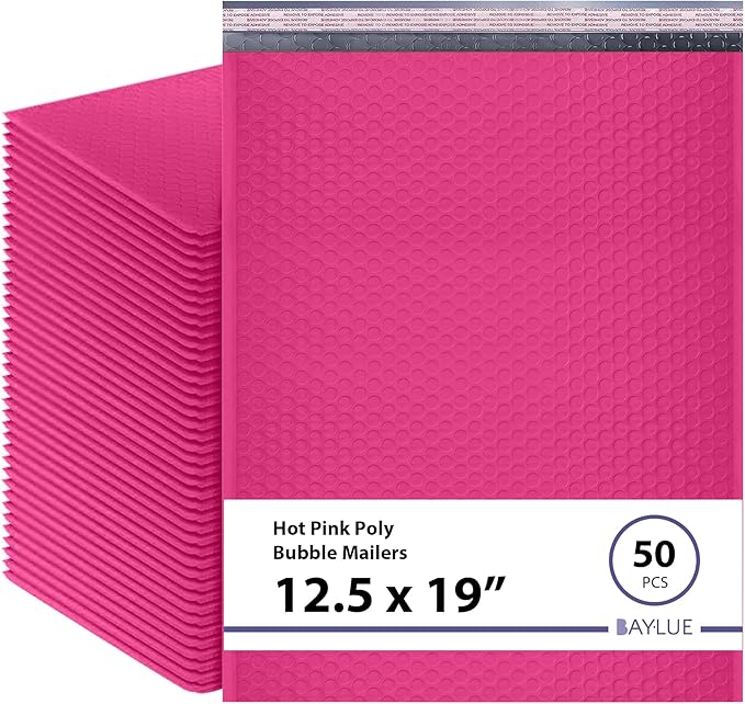 Hot Pink12.5x19.5 Inch Large Poly Bubble Mailers #6 | Padded Envelopes with Self Seal | Air Lined Cushioned Bubble Mailer | Usable Size 12.5x15 | 50 Pack Bulk | Lightweight shipping Bags