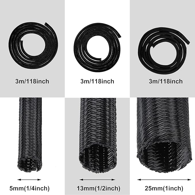 Boao 3 Pieces Cord Protector Wire Loom Tubing Cable Sleeve Split Sleeving for USB Charger Cable Cord Cover Audio Video Cable (Black,1 Inch, 1/2 Inch, 1/4 Inch)