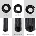 Boao 3 Pieces Cord Protector Wire Loom Tubing Cable Sleeve Split Sleeving for USB Charger Cable Cord Cover Audio Video Cable (Black,1 Inch, 1/2 Inch, 1/4 Inch)
