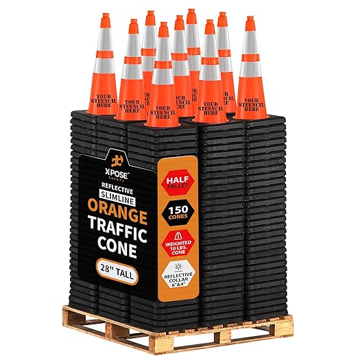 Xpose Safety 28 Inch Orange Slim Line Traffic Cones Heavy Duty 10lb 6" & 4" Collar - Bulk Half Pallet 150 Pack - Multipurpose PVC Plastic Safety Cone Parking, Caution & Construction - DOT Approved
