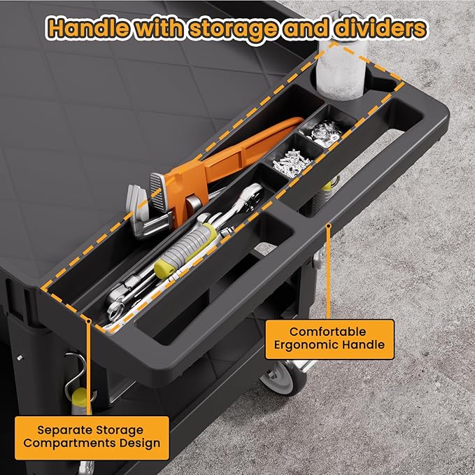 2-Tier Rolling Tool Cart,Heavy-Duty Plastic Service Cart with Lipped Shelves,550 lbs Capacity Utility Cart,46 x 26 Inch Rolling Work Carts for Garage,Salon,Kitchen,Office-Black