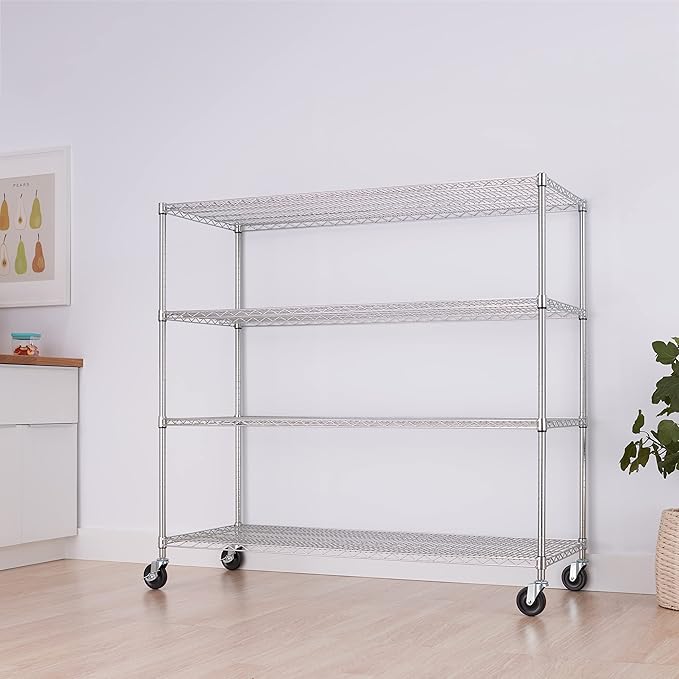 Trinity Basics 4-Tier Adjustable Wire Shelving with Wheels for Kitchen Organization, Garage Storage, Laundry Room, NSF Certified, 600 to 1800 Pound Capacity, 60” by 24” by 54”, EcoStorage Chrome