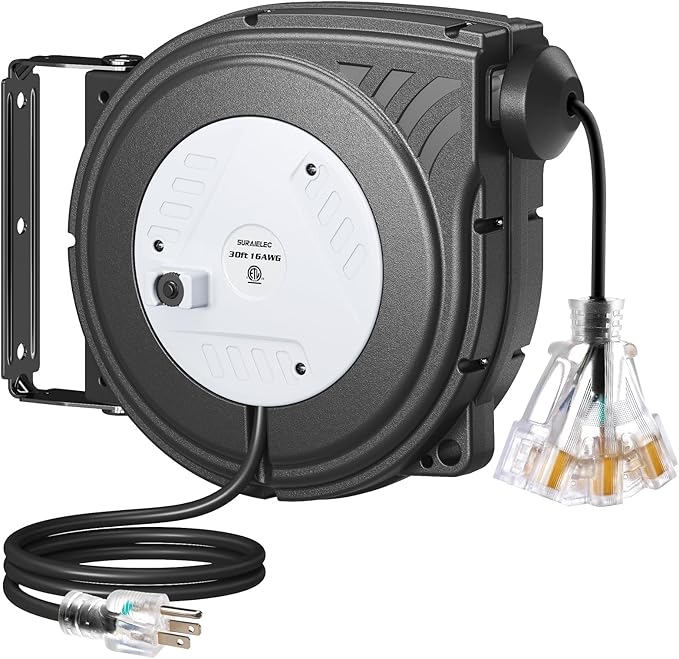 SURAIELEC 30 FT Retractable Extension Cord Reel, 16AWG SJTW Power Cord, Lighted Triple Outlets, 10A Circuit Breaker, Wall/Ceiling Mount for Garage, Workshop, ETL Listed