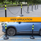 6 Pack 40 Inch Traffic Delineator Posts with Fillable Base and 6.6FT Plastic Chain, Safety Delineator Post Cones with 2 Green Reflective Stripes for Construction Work (Black)