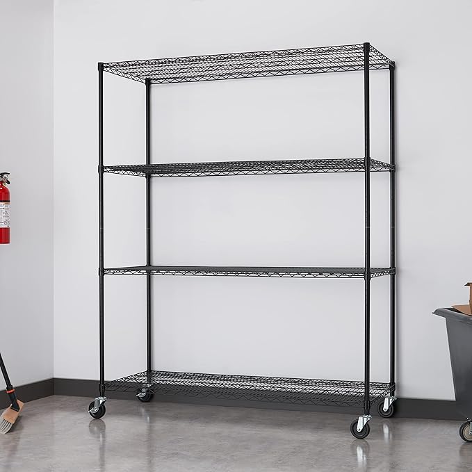 Trinity Basics 4-Tier Adjustable Wire Shelving with Wheels for Kitchen Organization, Garage Storage, Laundry Room, NSF Certified, 600 to 1800 Pound Capacity, 60” by 24” by 72”, Black