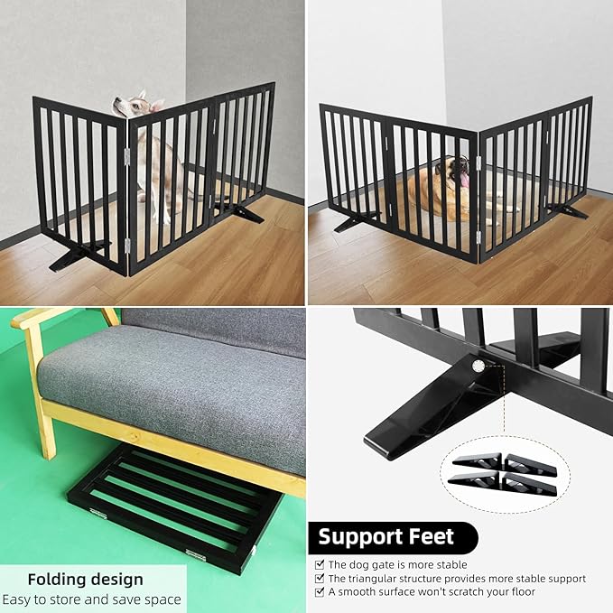 ZJSF Freestanding Indoor Dog Gate for House Foldable Wood Puppy Gate for Doorways Pet Gate for Stairs Extra Wide Pet Fence, Black, 24" Height 3 Panels