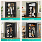 Wide & Deep Metal Storage Cabinet with Hanging Rod,Black Broom Closet Storage Cabinet with Lock,72" Tall Wardrobe Cabinets with Doors and Shelves,Locking Steel Tool Cabinets for Home,Office,Garage