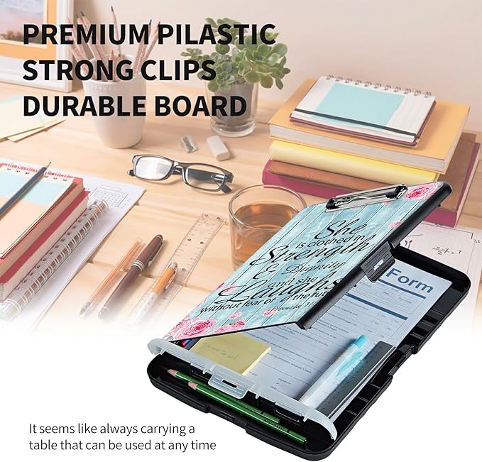 Clipboard with Storage High Capacity Plastic Nursing Clipboards with Pen Holder File Folder Storage Box Clipboard with Heavy Duty Clips for Teacher,Doctor,Offices-Bible Quote Proverbs 31-25