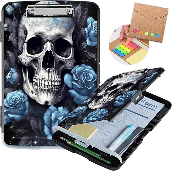 Clipboard with Storage,Heavy Duty Plastic Storage Clipboard with Low Profile Clip,Teacher Must Haves,Office Supplies,Blue Skull Rose Flower