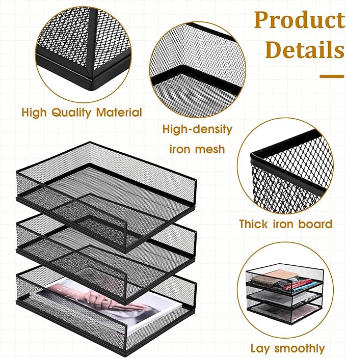 3 Pcs Black Metal Letter Tray, 3-Tier Stackable Paper Tray, Metal Mesh Desktop Organizer, Single Wire Mesh Organizer Front Load File Paper Holder, File Document Storage Rack for Office, School, Home
