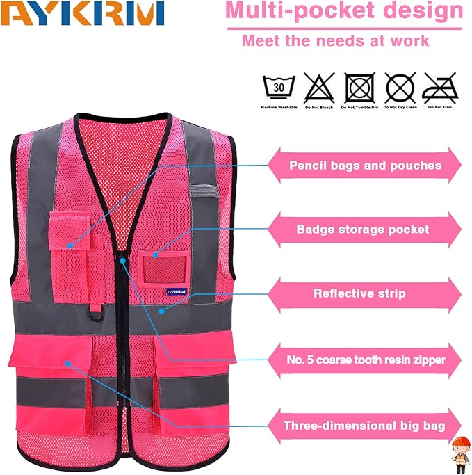 A-SAFETY High Visibility Mesh Safety Reflective Vest with Pockets and Zipper,Hi Viz Work Vest for Men Women (Pink Mesh L)