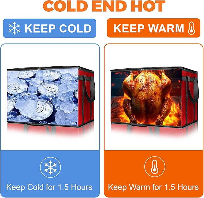 Pack of 2 Insulated Food Delivery Bag with Hard Bottom, XXXL Large Reusable Thermal Cooler Grocery Tote Bag, Commercial Pizza Delivery Box Carrier for Uber Eats, Doordash Essentials, Hot and Cold Food