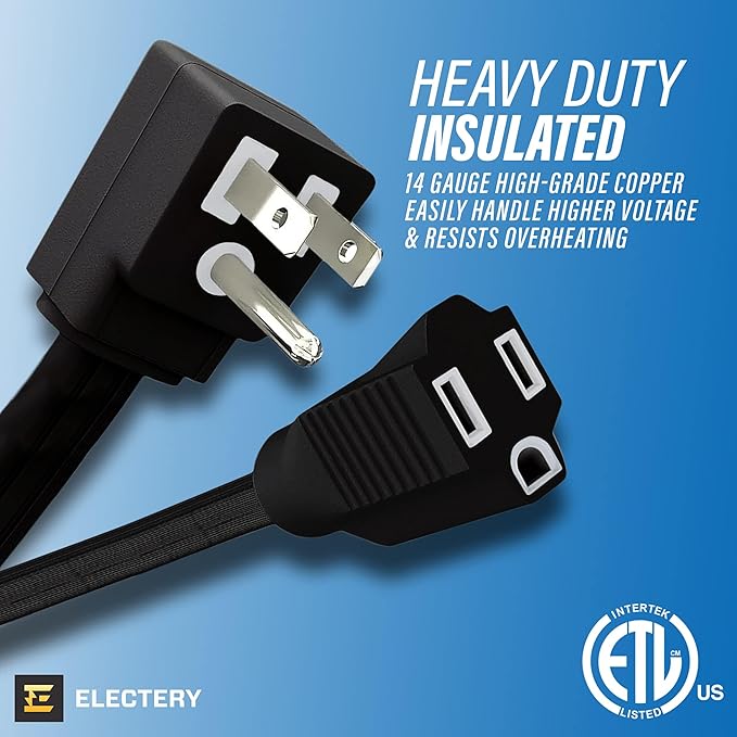 12 ft Heavy Duty Appliance Extension Cord, 14 AWG, 15A 125V 1875W, 3 Prong Flat Plug, ETL Listed, Short Power Extension Cable for Air Conditioner, Refrigerator, Microwave, Indoor Use, Black