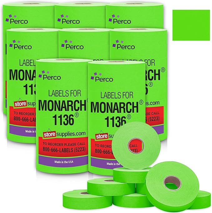 Perco Fluorescent Green 2 Line Pricing Labels - 8 Sleeves, 64 Rolls (112,000 Labels) - Monarch 1136 Compatible - Includes 8 Free Ink Rolls