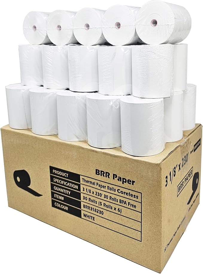 (30 Coreless Rolls - 50 GSM) 3 1/8 x 230 Thermal Paper Receipt Rolls fits all Clover POS Cash Register Printers for TSP500 TSP600 TSP 700 TSP2000 CT S300 from BuyRegisterRolls