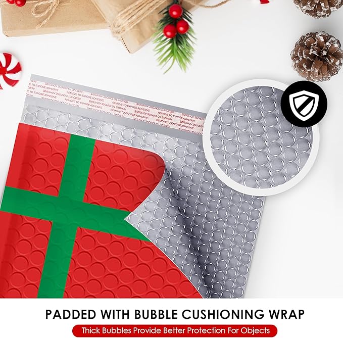 Christmas Poly Bubble Mailers | #2 Cushion Mailer, 8.5"x11" | Self Seal | Holiday Themed, Red Green Gift Packaging Envelope | Xmas Padded Envelopes | Shipping Bags Mailing Envelopes | 100 pack Bulk