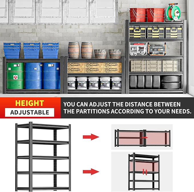 Metal Garage Storage Shelf, Heavy Duty 5 Tier Shelving Unit, Industrial Utility Shelving for Garage Storage, Durable Metal Shelf Organizer, Storage Shelving 24" D x48 W x72 H（2 Pieces）