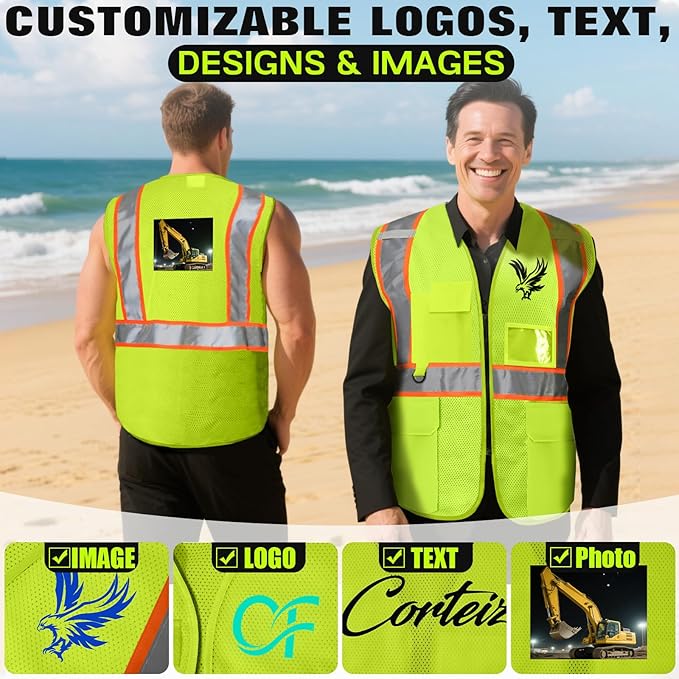 Safety Vest Customize Logo with 5 Pockets & Zipper Reflective High Visibility Vest Class 2 Outdoor Workwear