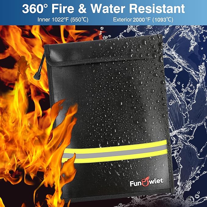 Fireproof Waterproof Money Document Bag - 2 Pack Safe Upgraded Zipper Bags, Fire & Water Resistant Storage Organizer Pouch for A4 A5 Documents Holder,File,Cash,Jewelry,Passport,Tablet,Laptop (Black)