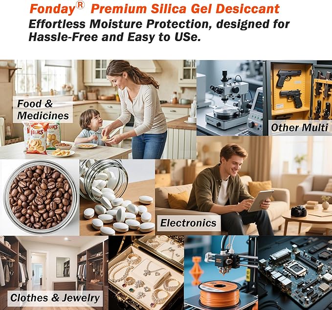 20g x 100 Packs Fonday Rechargeable Silica Gel Desiccant Packets Food Grade Fast Reactivate Desiccant Bags Moisture Indicating Orange to Green for Food Storage, Electronics, 3D Filament & Safes