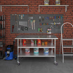 AmGood Stainless Steel Work Table with 2 Shelves and Casters | Metal Utility Table On Wheels (Stainless Steel Work Table with 2 Shelves + Casters, 60" Long x 30" Deep)