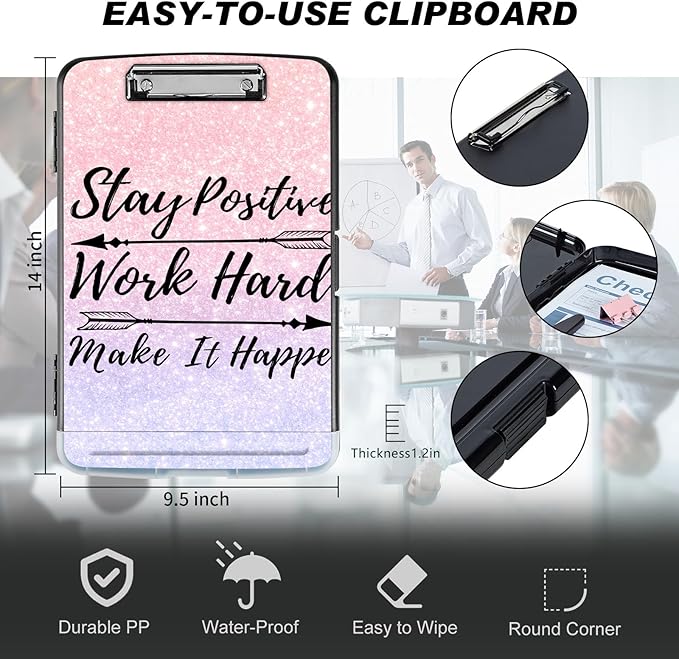 Pink Glitter Clipboard with Storage & Pen Holder - Heavy Duty Contractor Clipboard for Teachers, Nurses & Business People