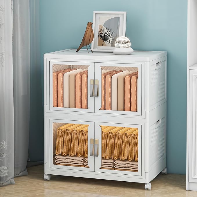 Large Clear Stackable Storage Bins with Lids, 199QT-99.5QT*2Tier Foldable Cabinet for Closet Organizers, Plastic Storage Box with Wheels White