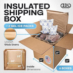 Insulated Thermal Shipping Boxes 16"x16"x16" with 2 Gel Ice Packs, Pack of 6 - USA-Made Cold Food Shipping Box with Absorb Condensation Thermal-Paper Liner - Frozen Food Shipping Kit by IDL Packaging