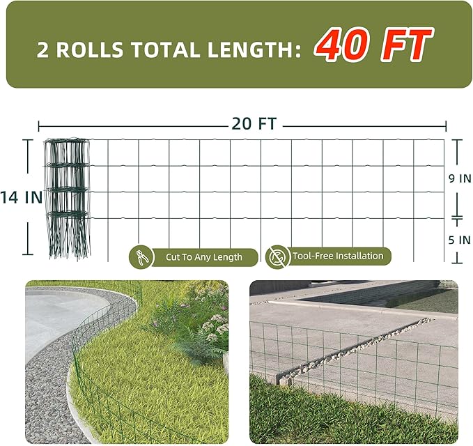 Decorative Garden Fence Border Rolls, Total 14 in x 40 ft 2 Pack Metal Folding Flat Wire Fencing for Yard, Green PVC Coated Outdoor Patio Landscape Flower Bed Edging