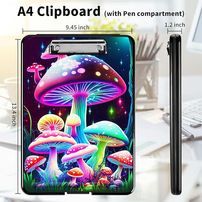 A4 Clipboards,Heavy Duty Waterproof Nursing Plastic Folder Clipboard with Storage Clip Boards,File Folder Storage Box Clipboard Case for Teacher,Doctor,Offices,Pretty Mushroom